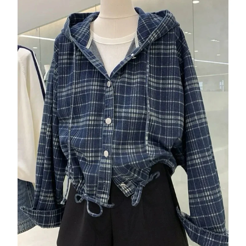 Plaid Hooded Shirt Women Long Sleeve Single Breasted Sweatshirt Drawstring Preppy Style Vintage Korean Casual Outwear
