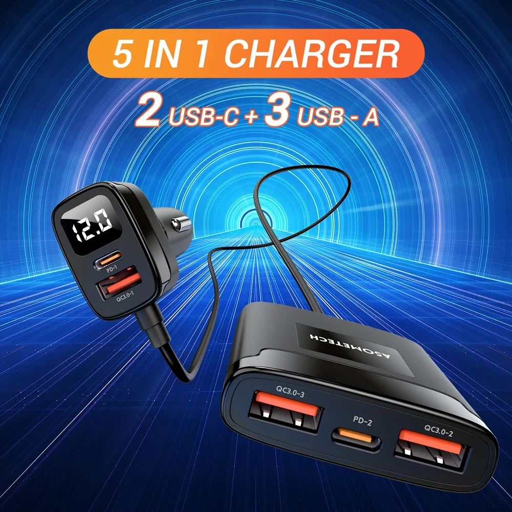 5 IN 1 Car Charger 78W PD 3.0 QC 3.0 SCP Quick Charge USB Type C Fast Car Chargers Charging For iPhone 13 14 Pro Samsung Huawei