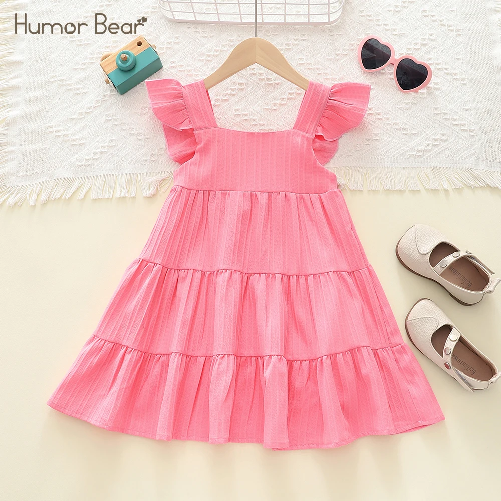 

Humor Bear 2024 Summer Style Children Clothing Flying Sleeve Solid Color Pleated Princess Cake Dress Girls Costume