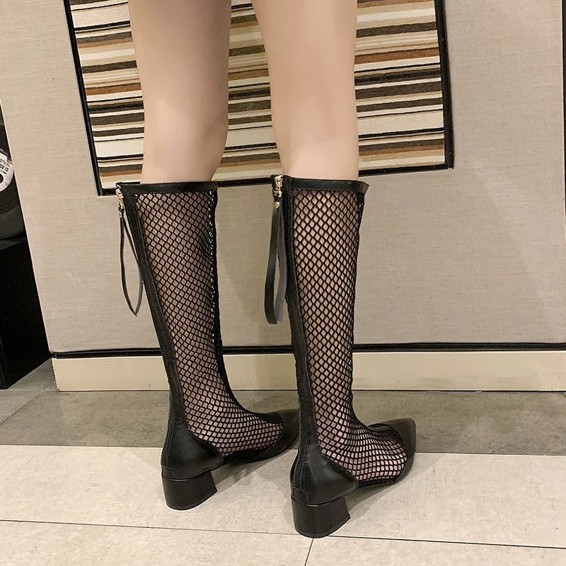 White Boots 2022 New Summer Women Knee High Boots Patent Leather Mesh Zipper Low Heel Long Boots Fashion Autumn Lady Shoes