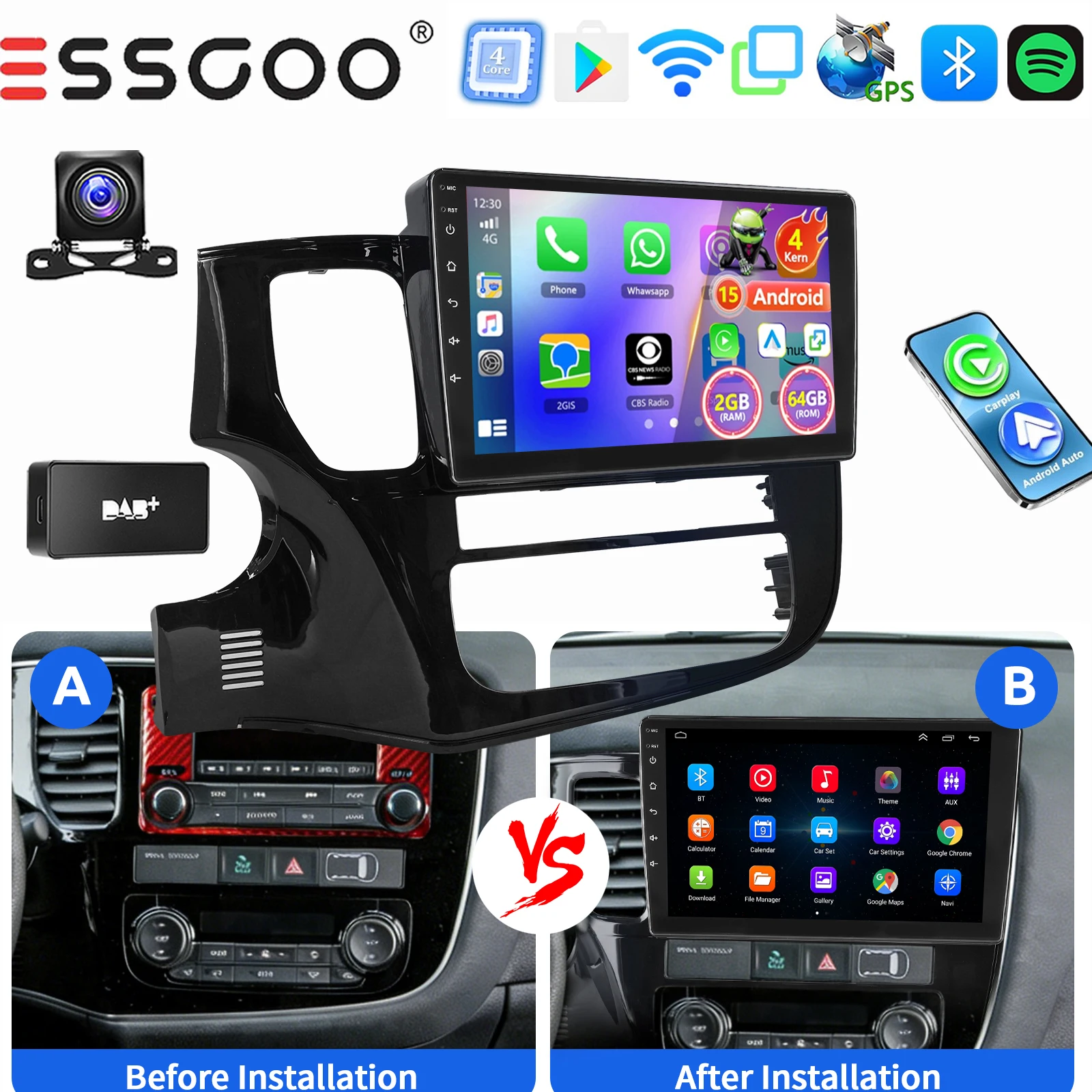 ESSGOO Draadloze Carplay Android auto 10 Inch IPS Aanraakscherm Voor Mitsubishi Outlander 2012-2018 Autoradio Android 15 GPS-navigatie WIFI Stuurwielbediening RDS Bluetooth FM Spiegellink ASP-geluid