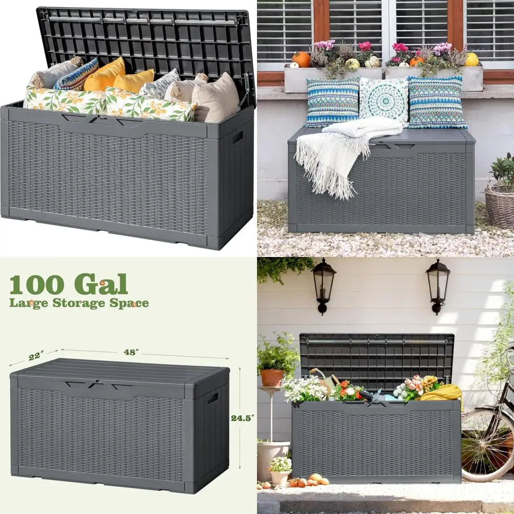 

Waterproof 100 Gallon Deck Storage Box Outdoor Resin Lockable Bench with Air Rod for Indoor and Outdoor Use