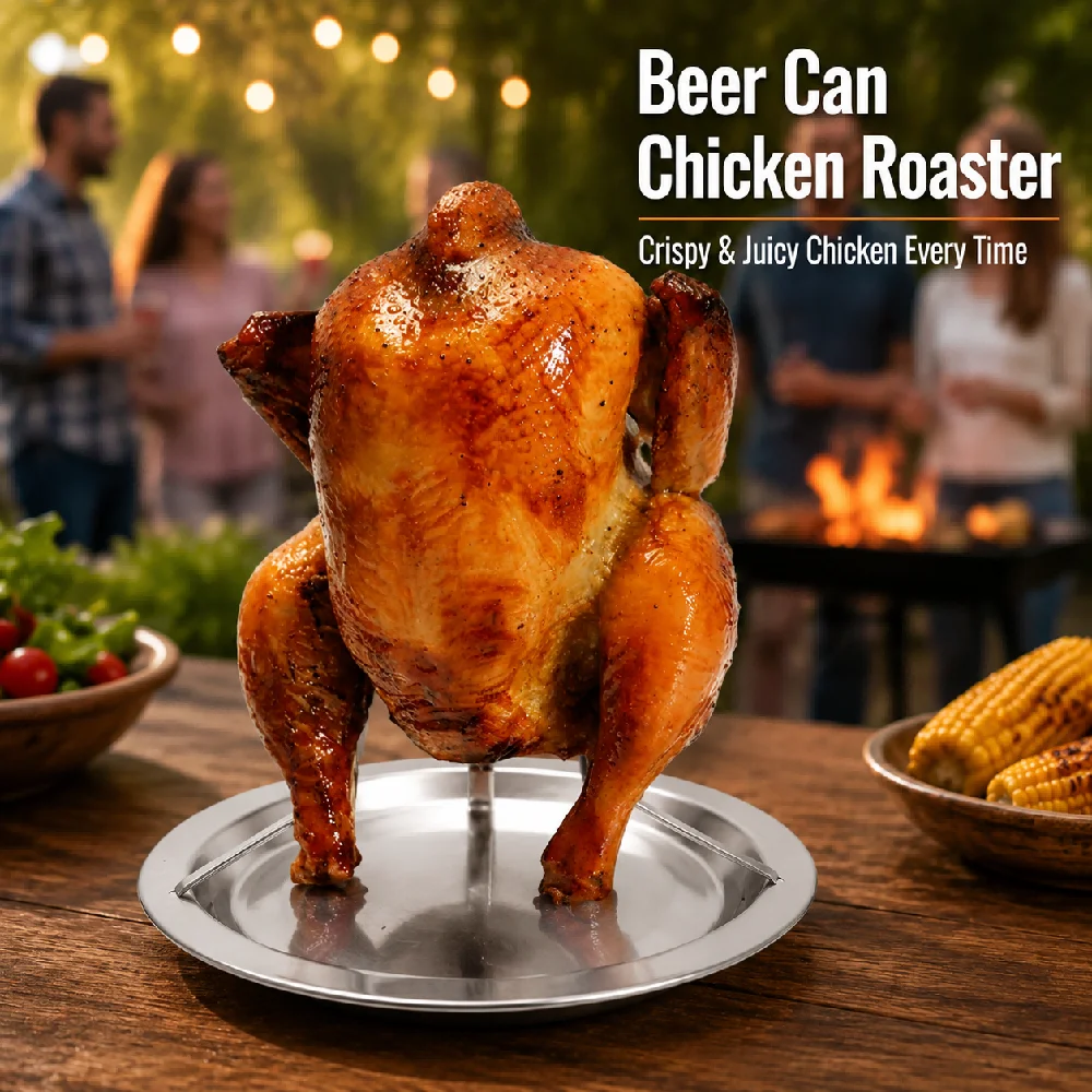 Chicken Roaster Rack Stainless Steel Vertical Chicken Roasting Rack Stand with Roasting Pan for Grilling Baking Smoking