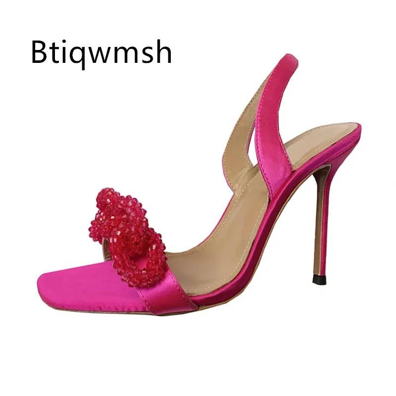 

Pink Orange Rhinestone Sandals Woman Open Toe Luxury Satin High Heels Lady Sexy Party Shoes