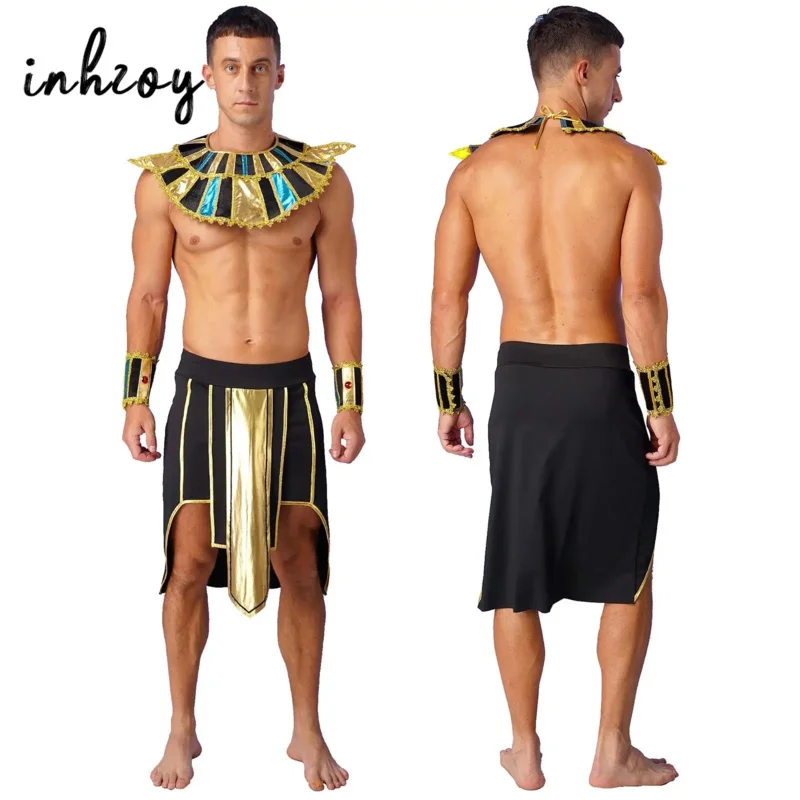 Antigo faraó do Egito faraó rei cosplay masculino, vestido extravagante de Halloween, saia com punhos, colarinho, roupa para festa temática, palco