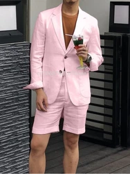 Pink Casual 2 Pcs Summer Men's Suit Linen Notch Lapel 2 Buttons Blazer Shorts Set Street Style Man Prom Party  Suits Costume