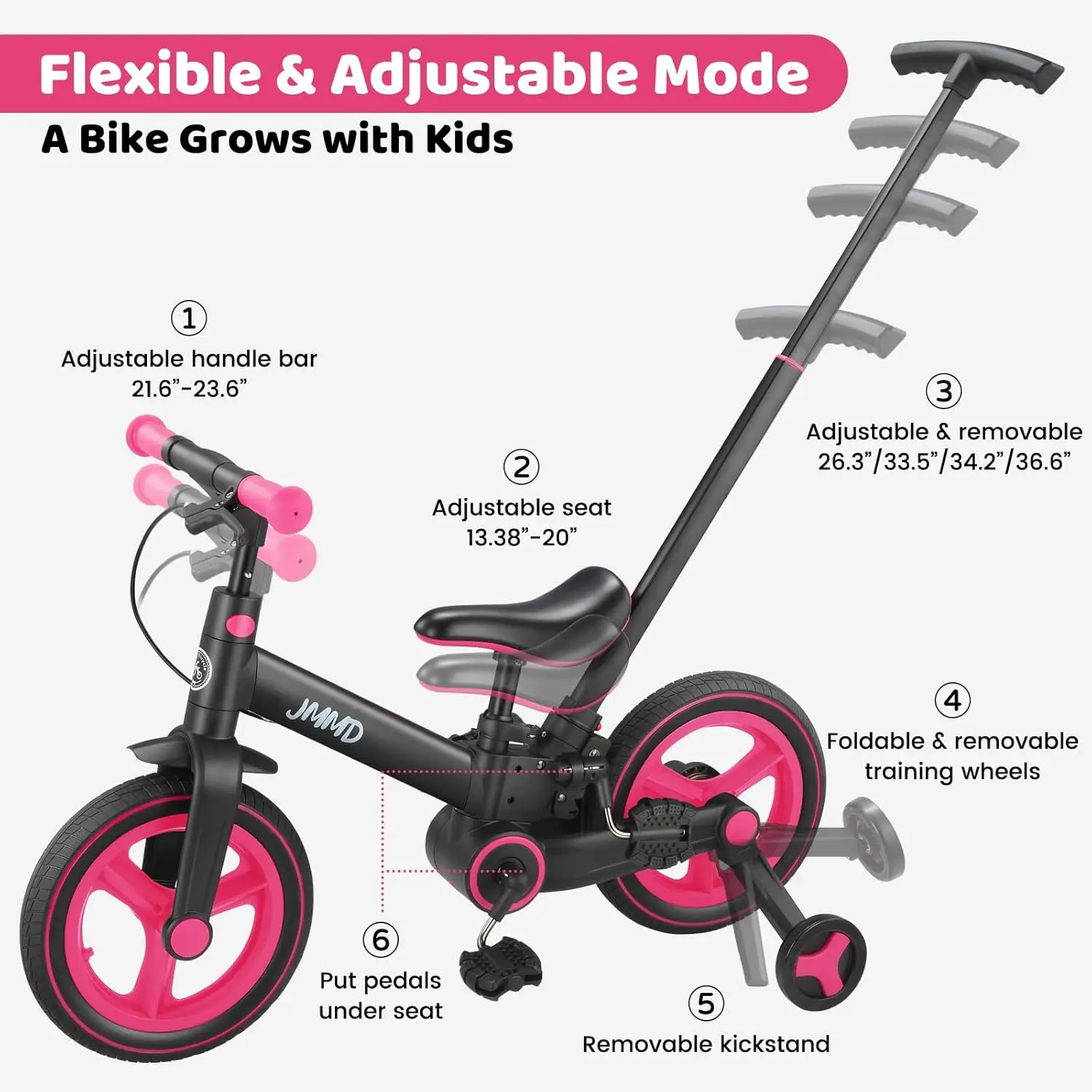 จักรยานเด็กเล็กพร้อมที่จับสำหรับเด็กอายุ 18-60 เดือน, จักรยานพับได้ 6 in 1 พร้อมล้อช่วย, แป้นเหยียบ, เบรก, ขาตั้ง