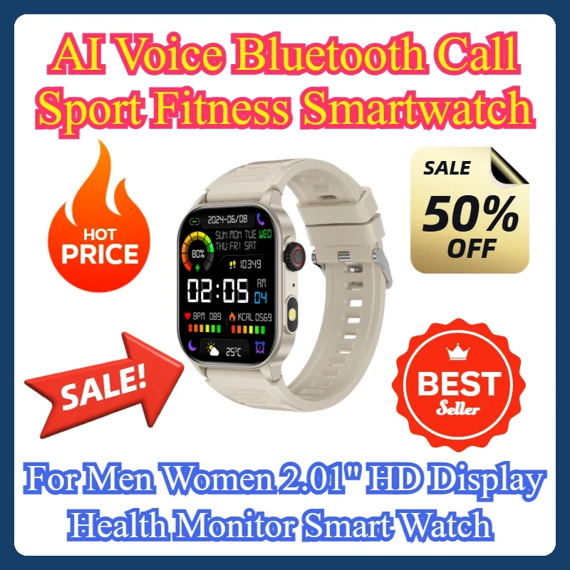 

AI Voice Bluetooth Call Sport Fitness Smartwatch For Men Women 2.01" HD Display Health Monitor Smart Watch