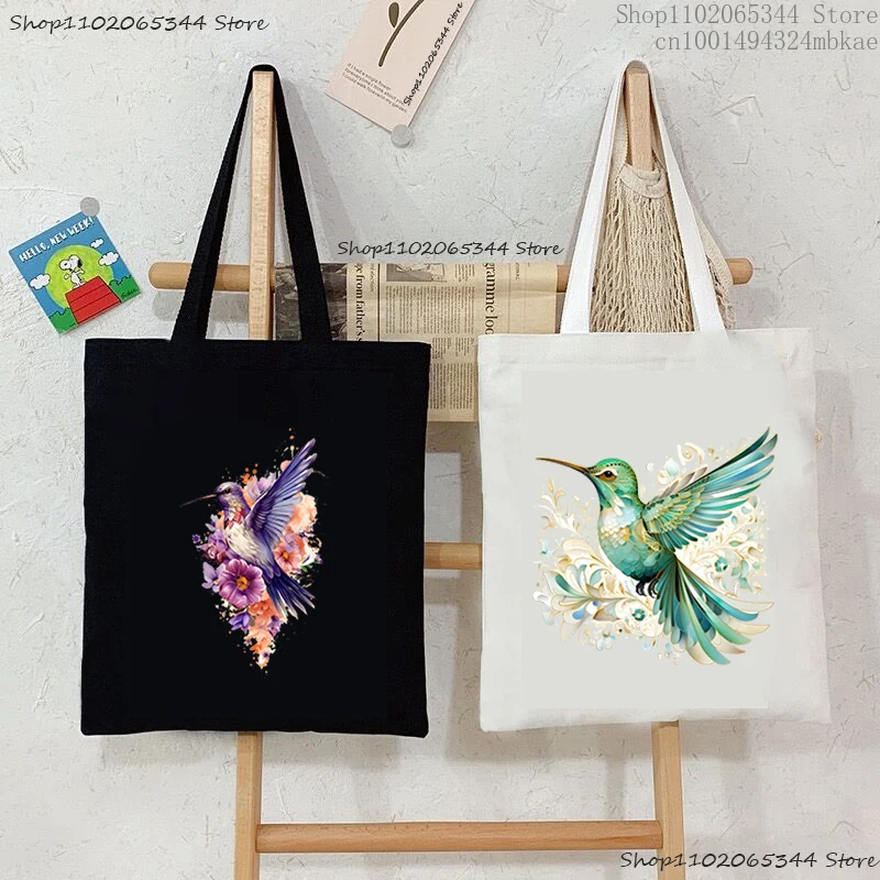 Hummingbird and Flower Pattern Tote Bags Women Men Canvas Vintage Animal Bird Lover Handbags Watercolor Hummingbird Shoulder Bag