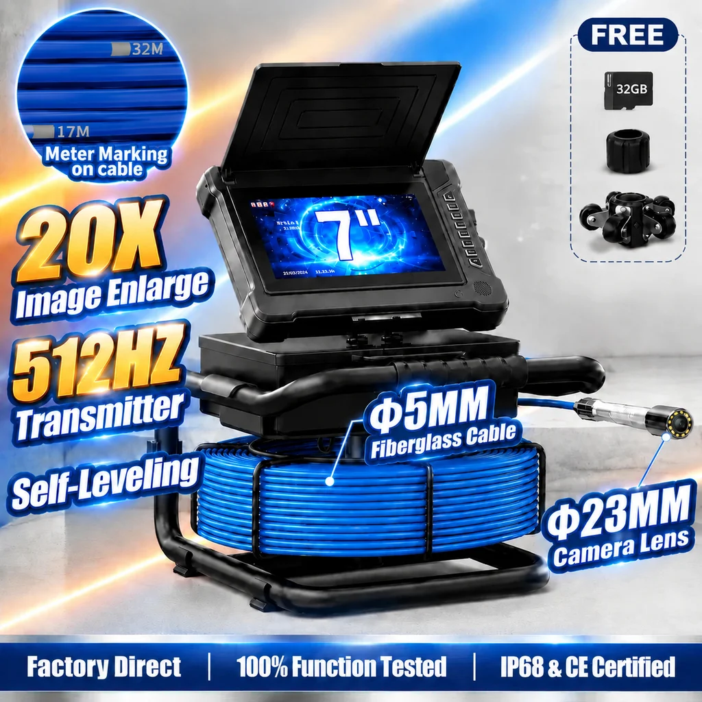 7‑Inch IPS Inspection Endoscope,23mm Probe 5mm Cable,20X Digital Zoom,Self‑Leveling 512Hz Transmitter DVR Video Audio Record