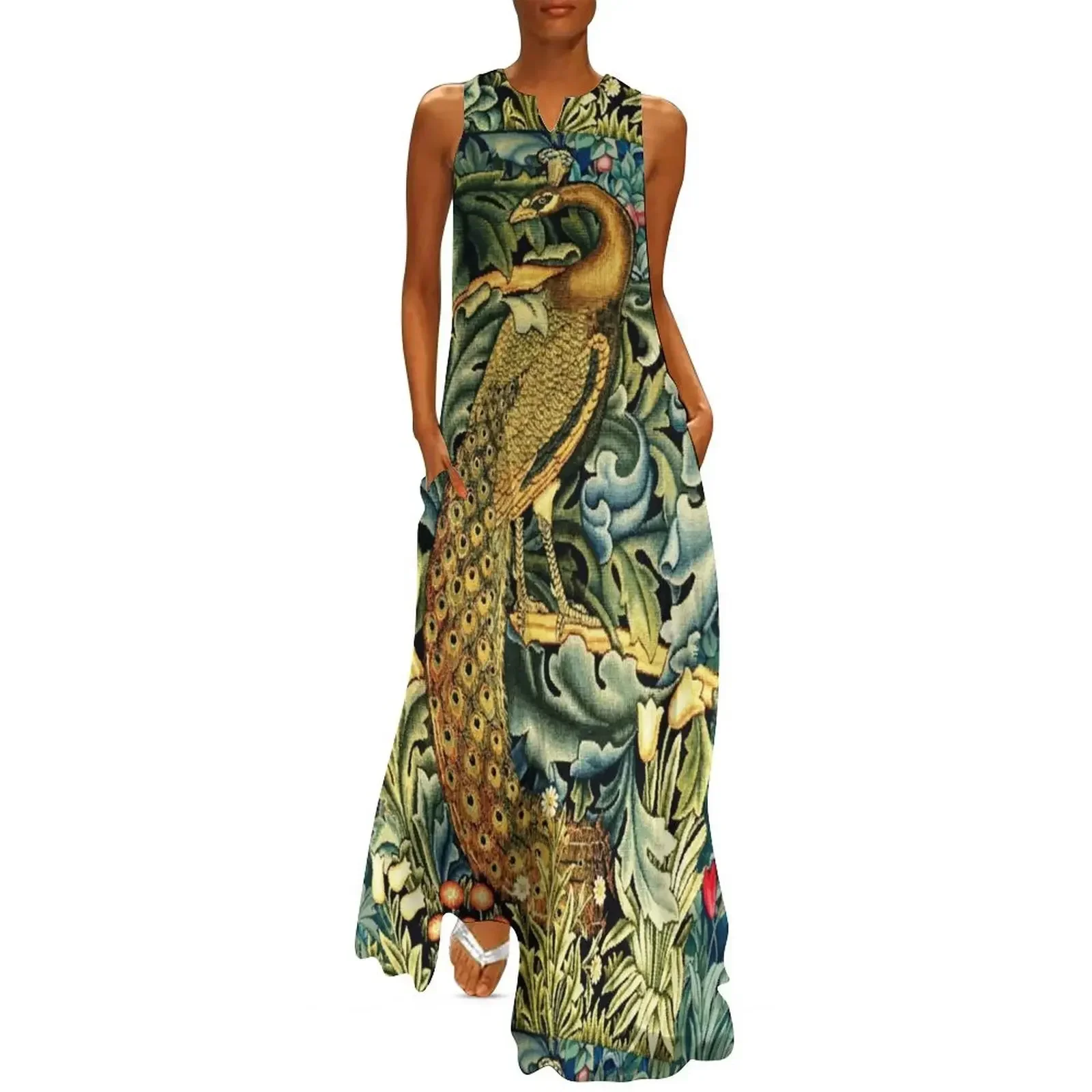 

GREENERY, FOREST ANIMALS ,PEACOCK WITH ACANTHUS LEAVES Blue Green Floral Long Dress long dresses for women Dress