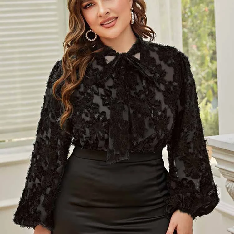 Plus Size Damen Bluse elegante gebundene Schleife Tops neue Mode Langarm pendeln lose lässige Büro Damen einfarbige Hemden