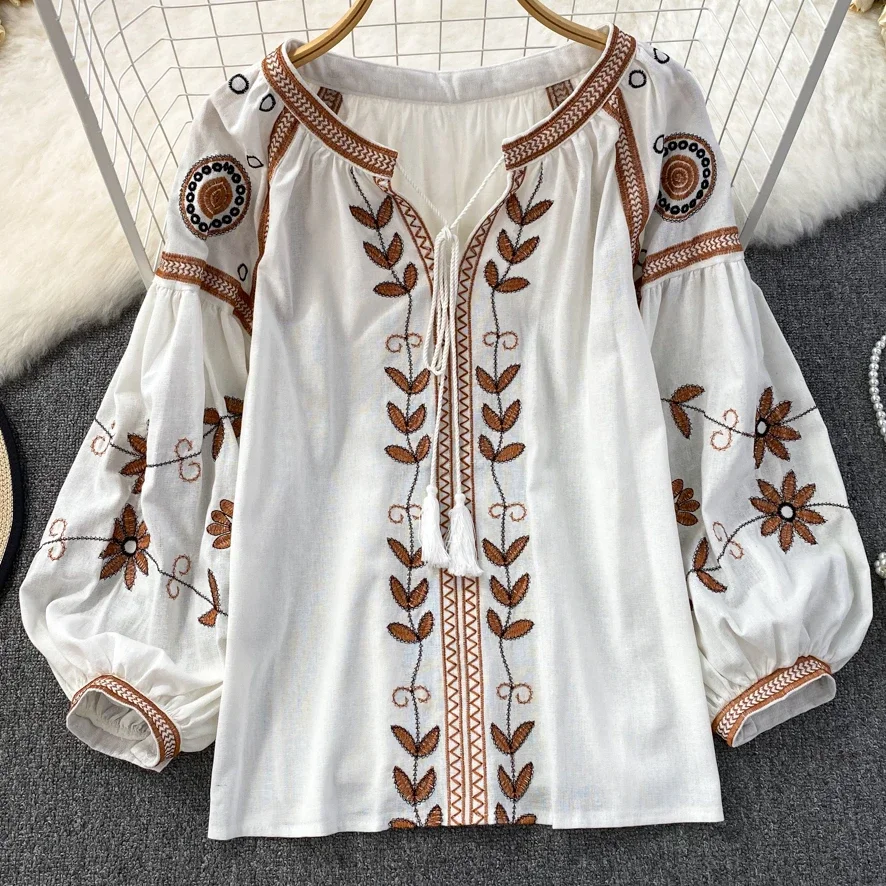 TEELYNN Vintage Long Sleeve Blouses Shirts Women Tops Casual Cotton Linen Floral Embroidery Loose Blouse Summer Boho Beach Blusa