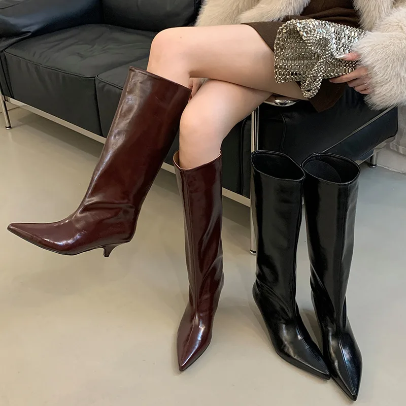 

High Quality Leather High-Top Long Boots for Women Wine Red Pointed Toe Slip on Botas De Mujer Kitten Low Heels Mature Burgundy