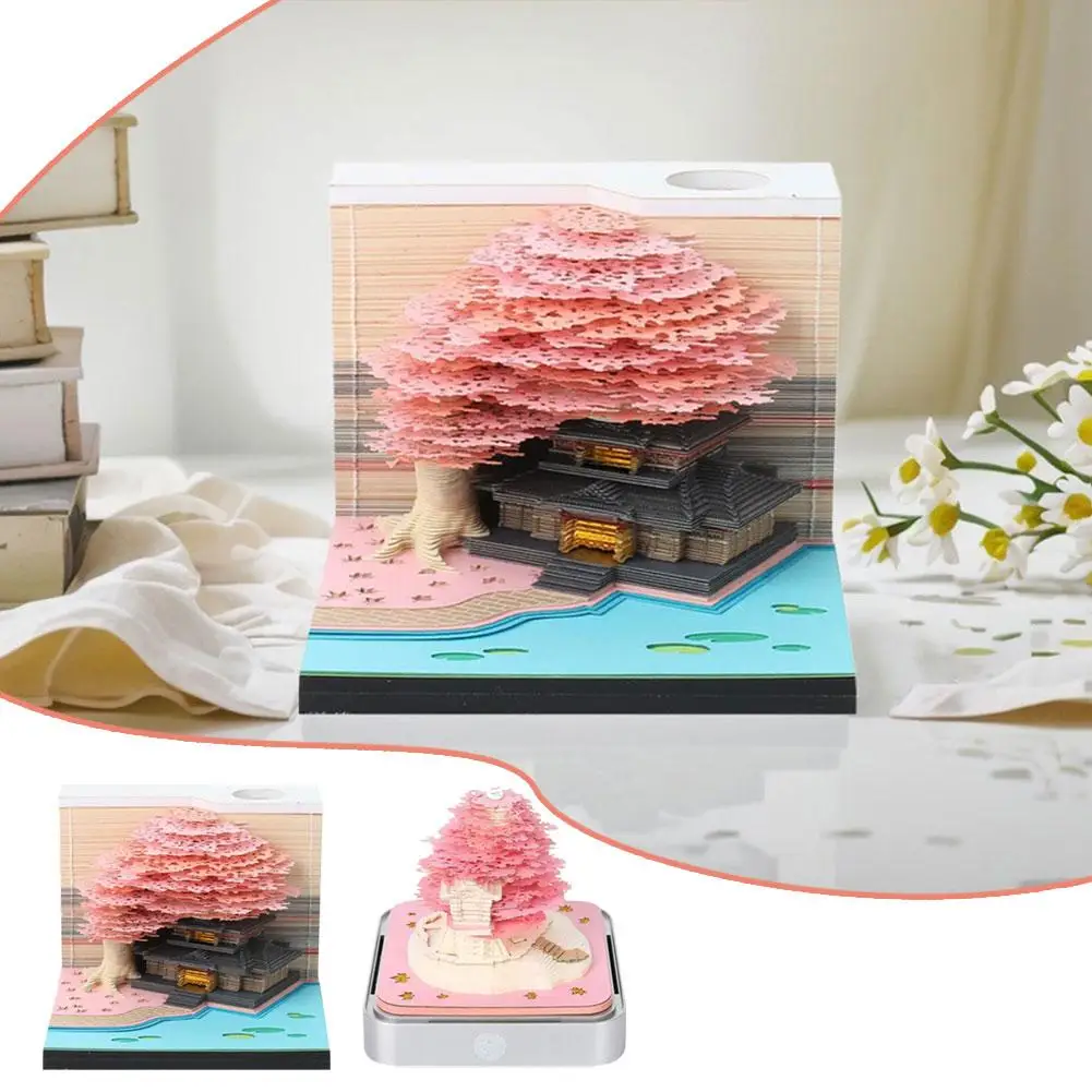 2026 مصباح ليد المفكرة ورقة نحت أجندة مكتبية /رزنامة مكتبية الإبداعية هدية مزخرفة ثلاثية الأبعاد شجرة المزهرة ورقة نحت الفن التقويم حلية #4