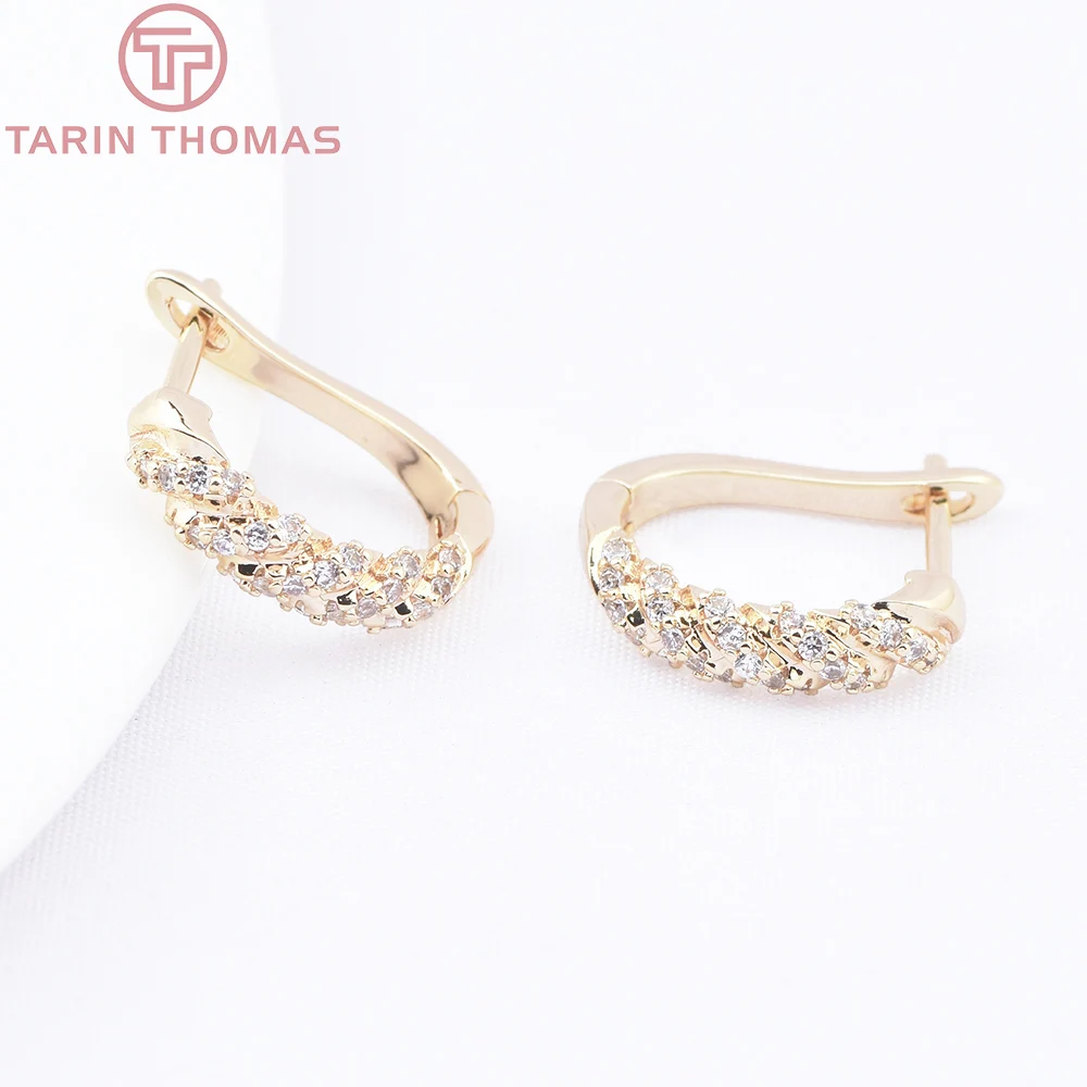 (6175) 4PCS 14x15MM 24K Gold Color Brass with Zircon Diagonal Symmetrical Earrings Hoop High Quality Jewelry Making Findings