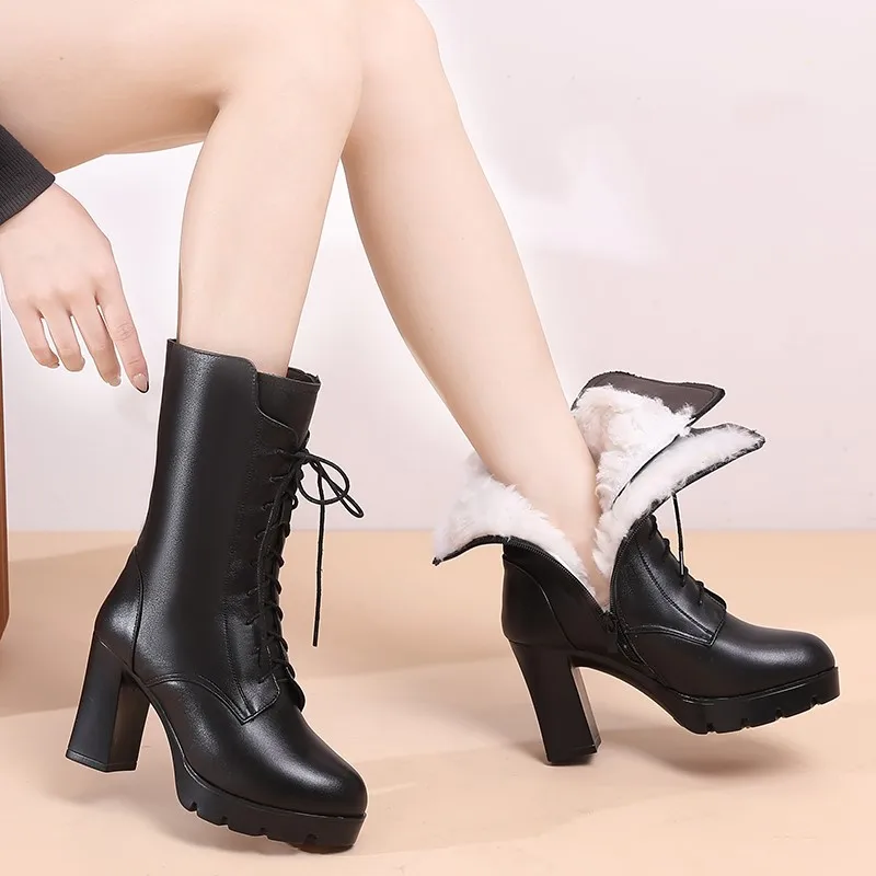 

AIYUQI Women Winter Boots Genuine Leather 2025 New High Heel Mid Boots Women Natural Wool Warm Platform Women Boots