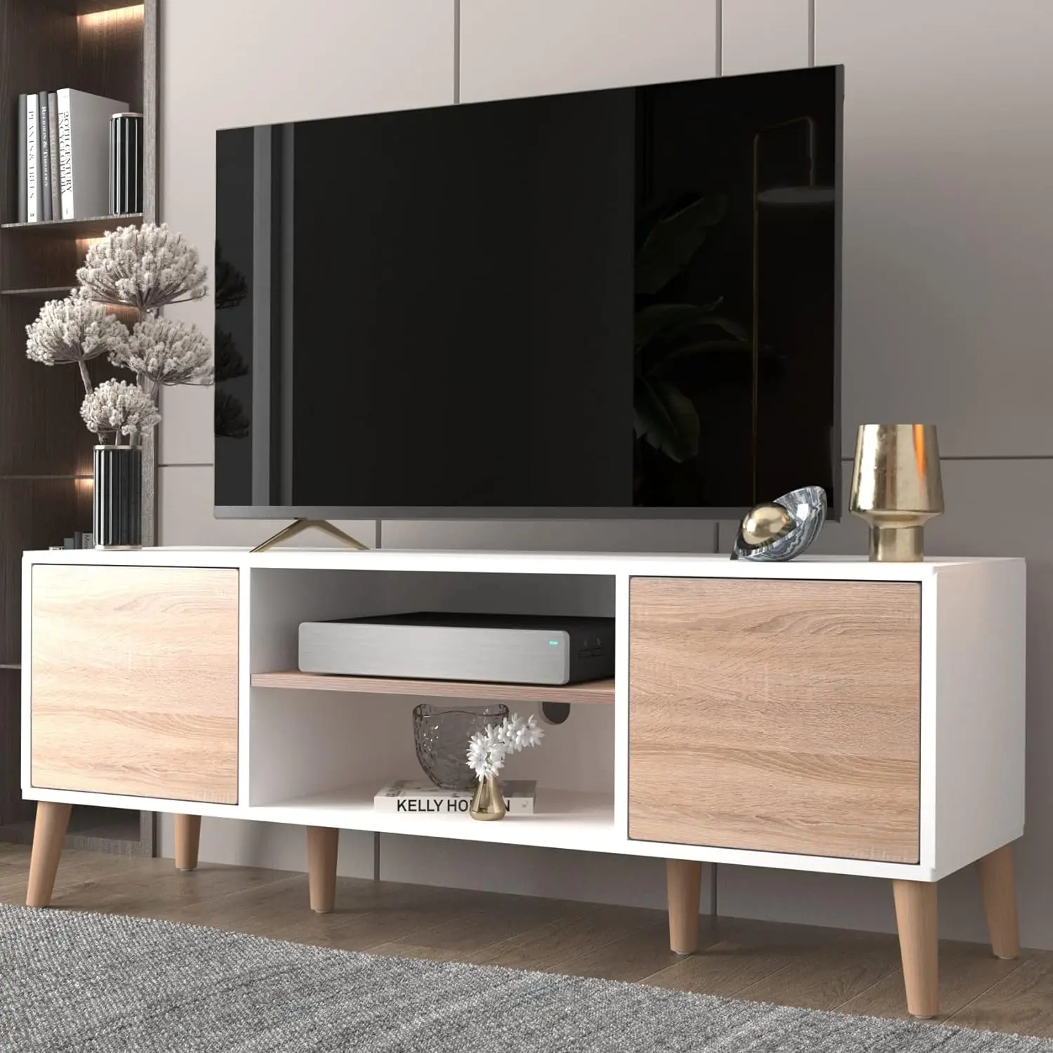 

TV Console Media Cabinet with Push Up Open Doors and Cable Collection Holes for TVs Up to 60 Inch Flat Screen for Living Room