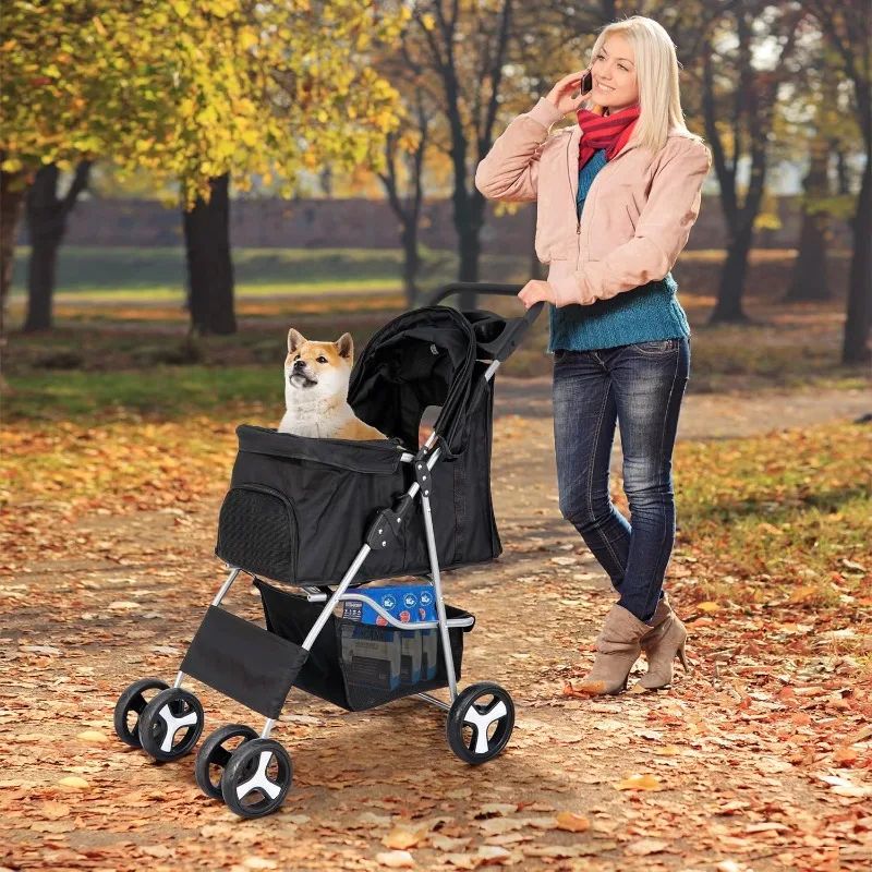 4 rodas carrinho de estimação cão gato carrinho para pequeno médio cães gatos dobrável transportadora jogger viagem filhote de cachorro carrinho com armazenamento