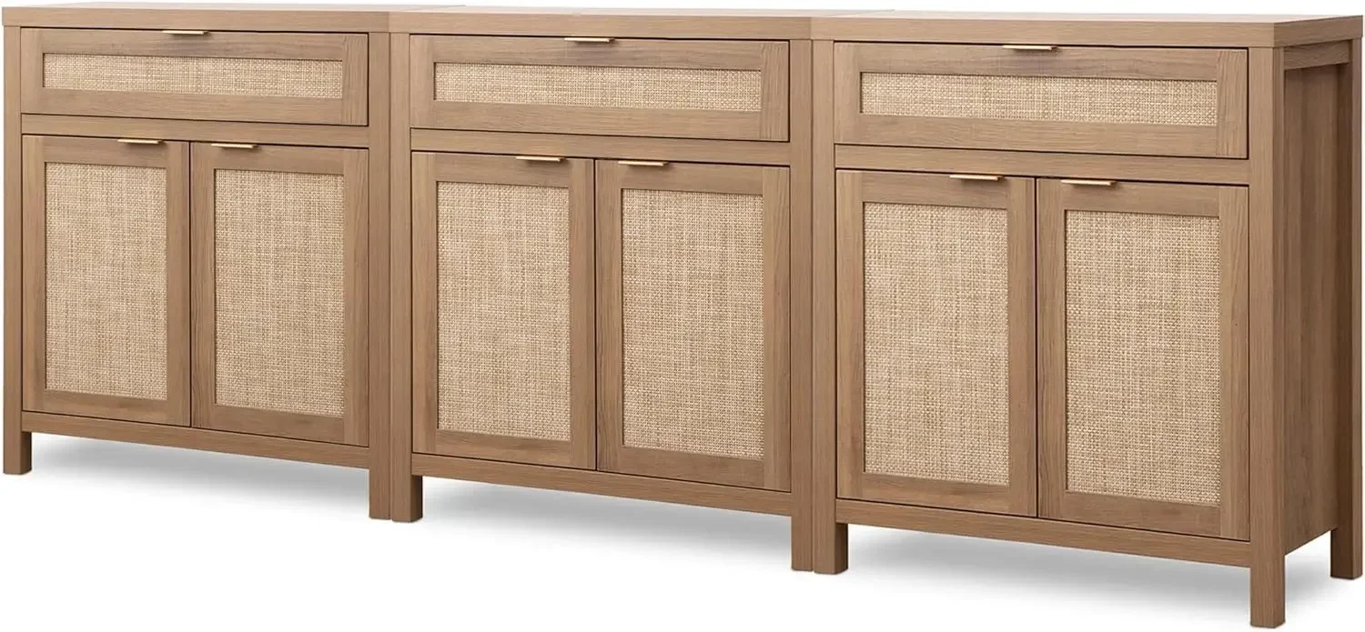 Aparador Buffet, juego de 3, gabinete de almacenamiento de credenza de ratán, gabinete de bar de café de granja para sala de estar, roble natural