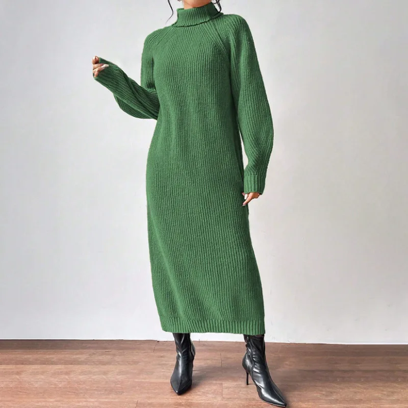 Lange Kleider für Damen, Dick Gestrickter Rollkragen, Einfarbiges Patchwork-Kleid, Gerade Geschnitten, Lässig, Langarm, Warm, Bürokleidung für Damen, Herbst 2026