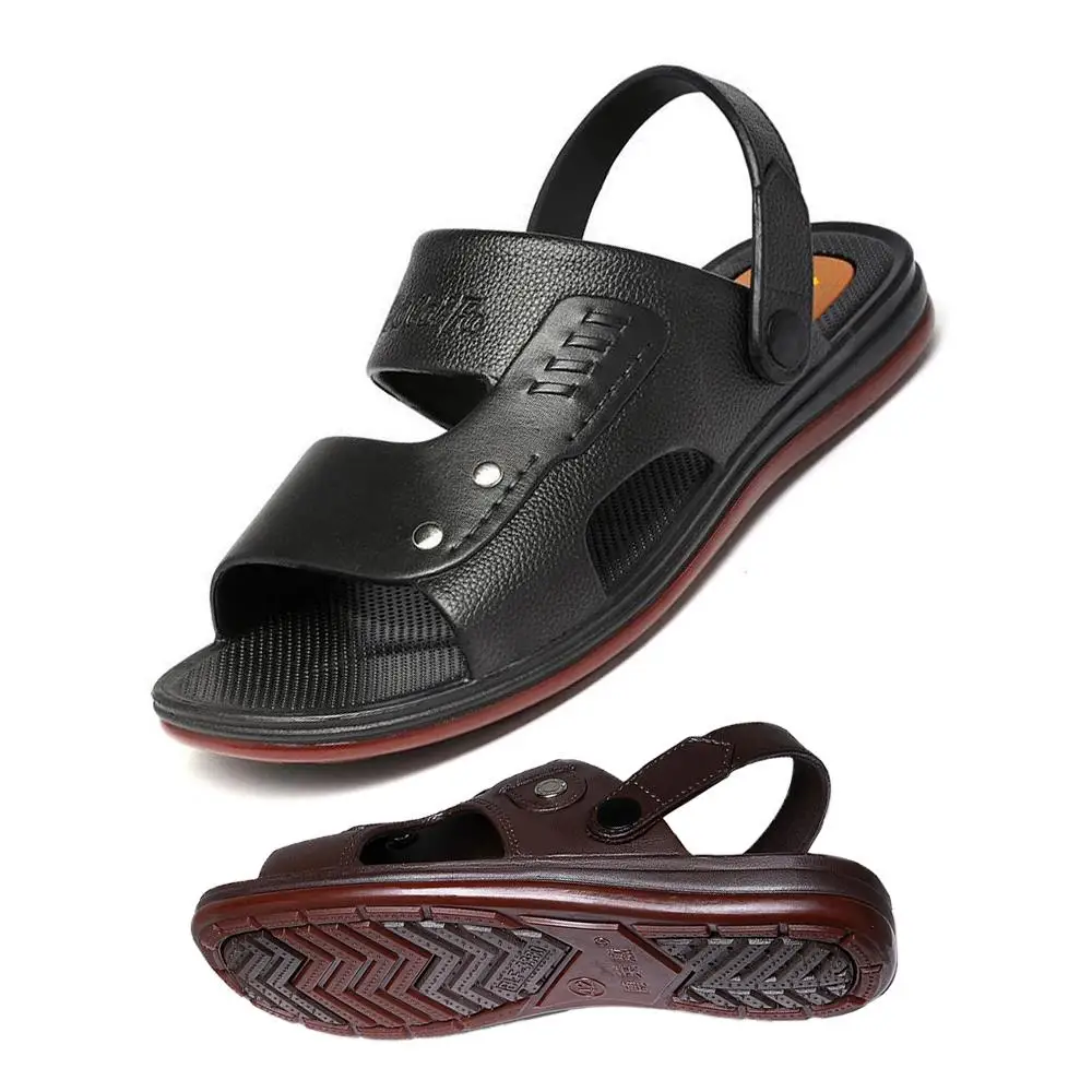 Men's Summer Rubber Sandals Waterproof Anti-slip Beach Shoes Integrated Cow Tendon Sole Casual Slip-On Flats PE Upper