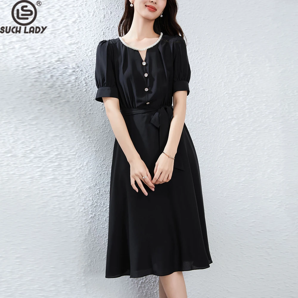 

100% Silk Women's Dresses O Neck Short Sleeves Elegant Fashion A Line Vestidos