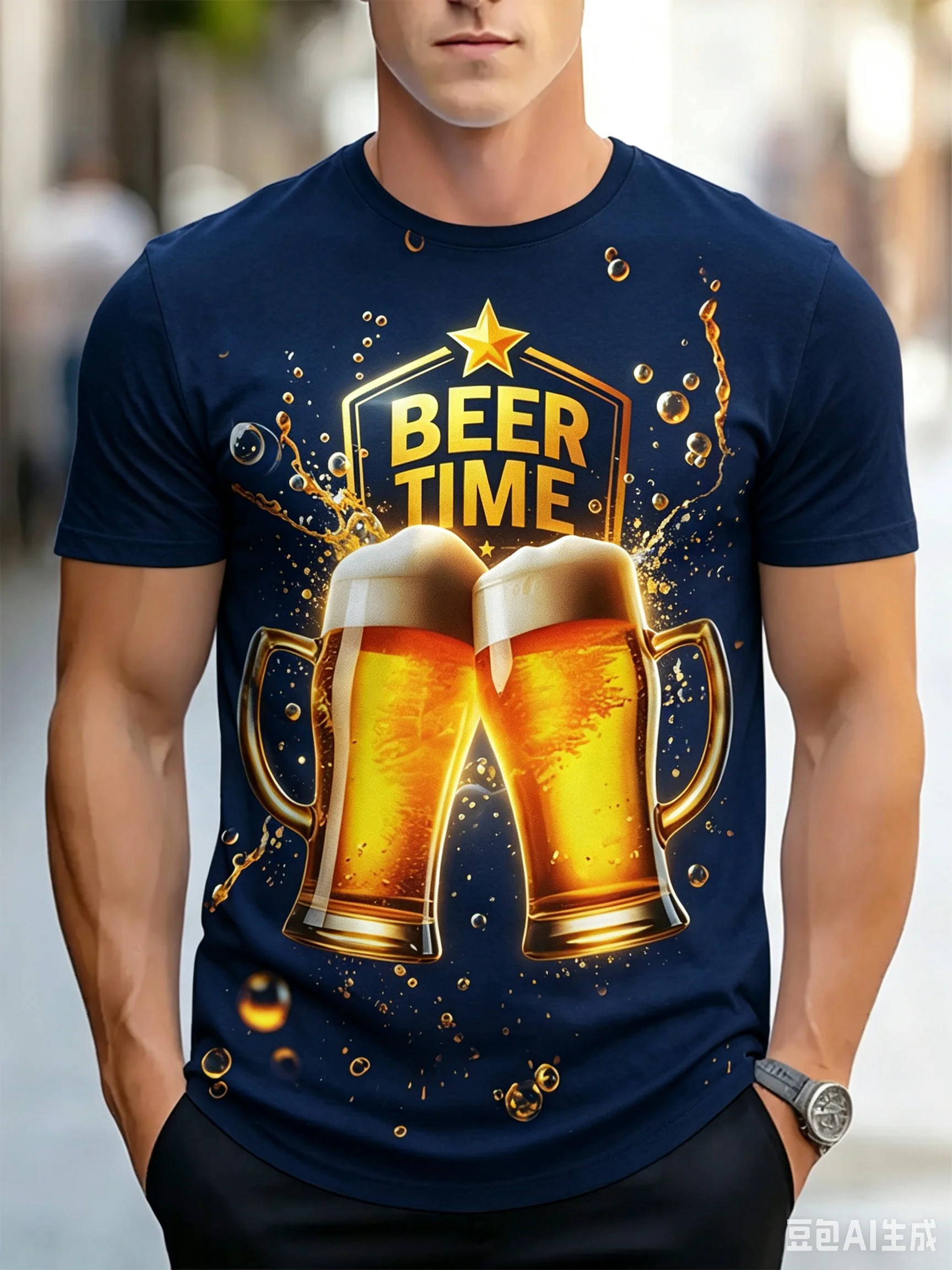 Vintage Beer Time Cheers Tee, Golden Beer Splash Full Print Men Short Sleeve Crew Neck Summer Casual Top