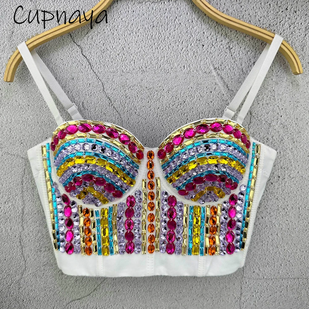 Cupnaya Colorful Indian Rhinestones Women Sexy Bustier Removable Strap Push-Up Short Corset Club Pole Dancer Crop Tops