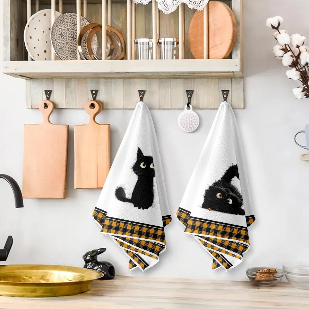 

2Pcs, Small Black Cat Yellow and Black Checkered Kitchen Towels, 40Cm*60Cm Towel Set, Super Absorbent Soft Cleaning Cloth