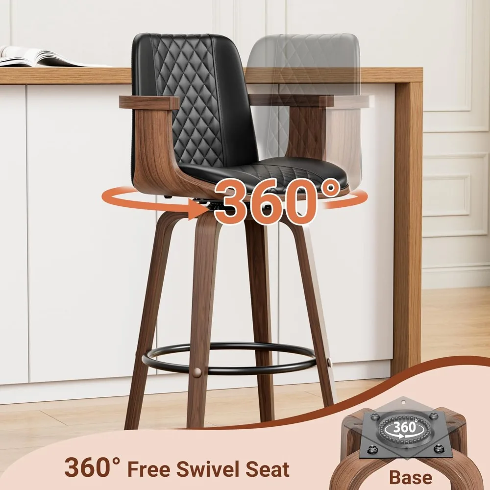 Bar Stools Set of 2, 26 Bentwood Barstools with Arms, Mid-Century Modern Counter Height Swivel Bar Chairs, PU Leather Barstools