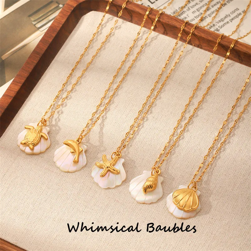 

Summer Fashion Beach Ocean Style Titanium Steel Pendant Necklace Stainless Steel 18K Gold Starfish Conch Shell Necklace Female