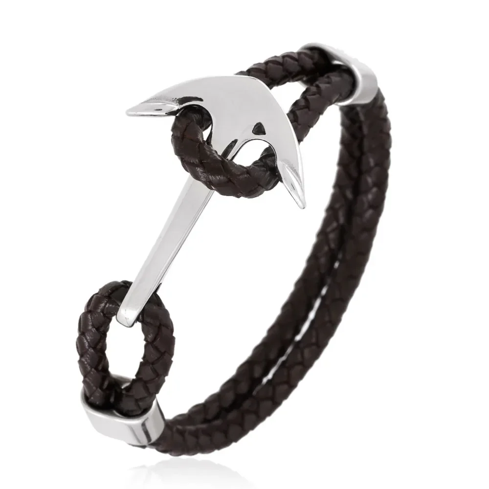 Black/Brown Real Cowhide Leather Cord Bracelet Men's Stainless Steel Boat Anchor Design Clasp Jewelry