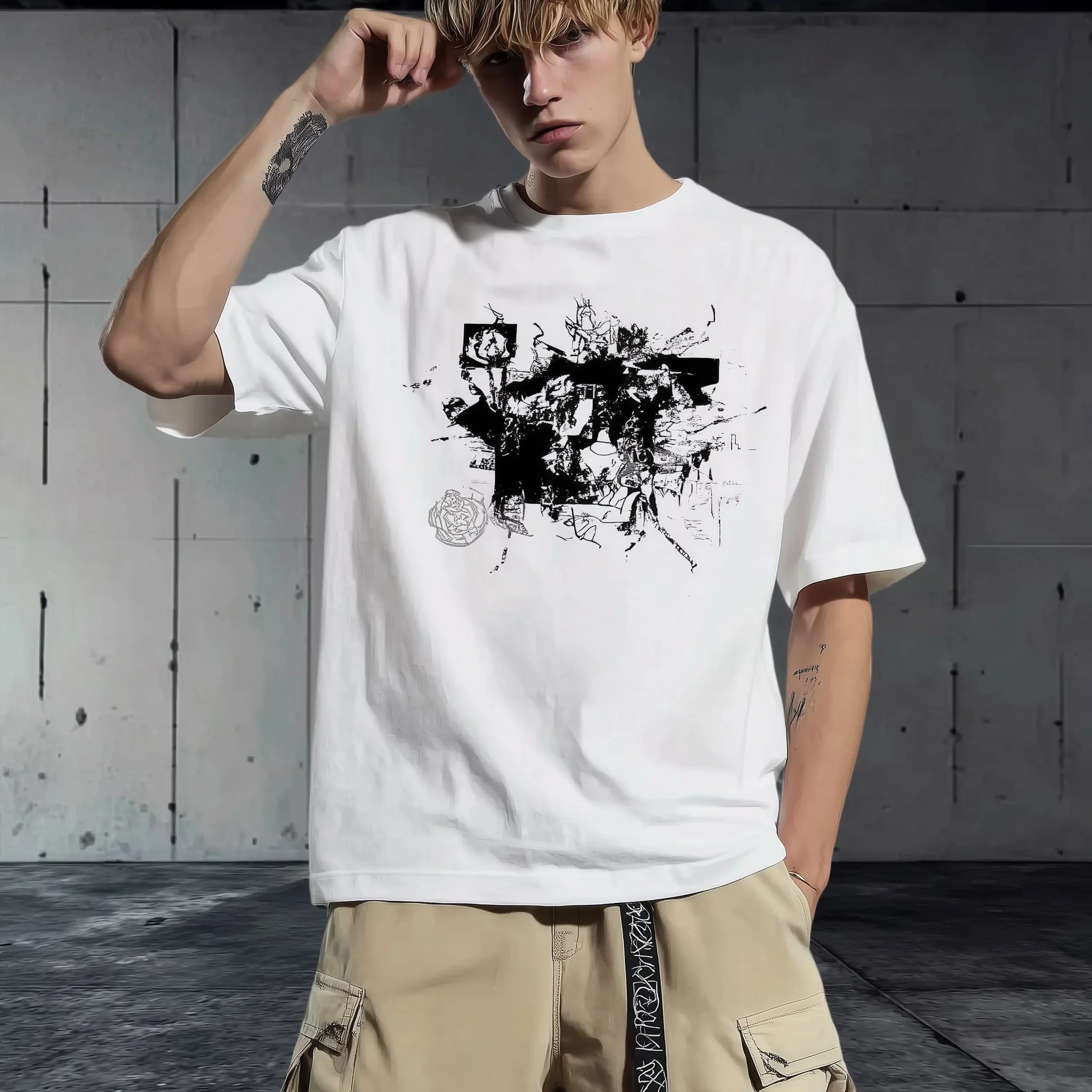 

Teevo Men's Casual T-Shirt White Abstract Graffiti Print Streetwear Daily Wear