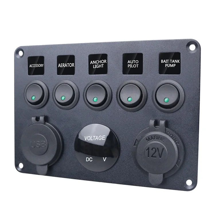 HEYRV 12V/24V 5 Way Rocker Switch Panel Mount Blue Red LED Voltmeter QC3.0 Dual USB Charger Charger Adapter Cigarette Socket