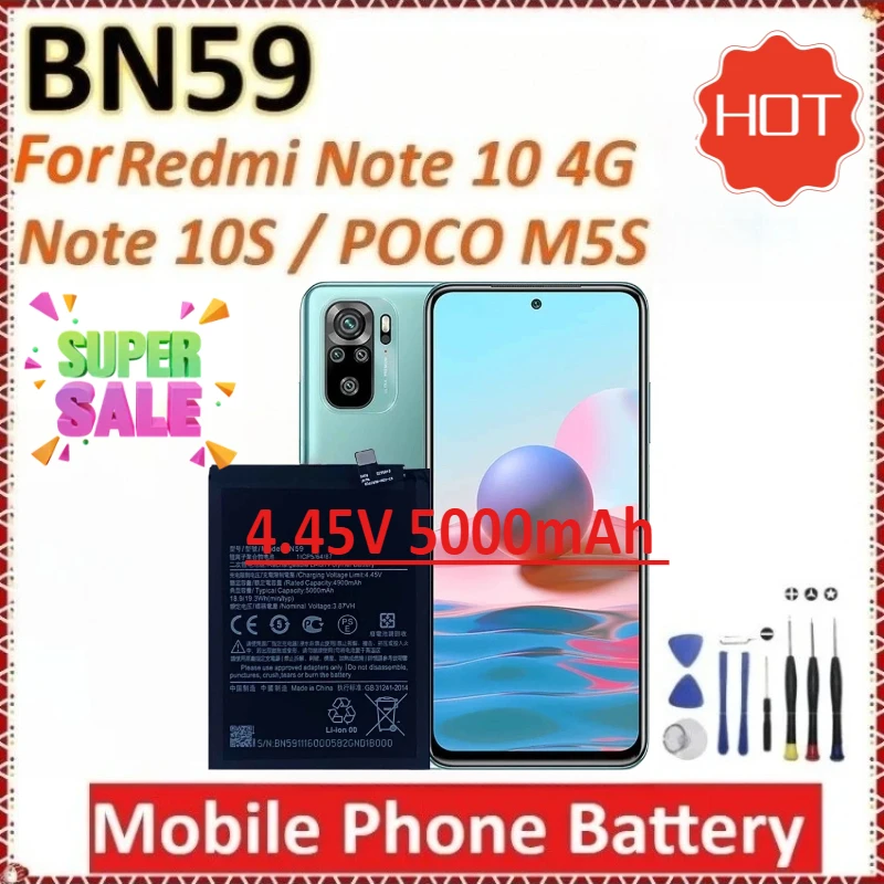 

New BN59 5000mAh 4.45V Replacement Mobile Phone Battery for Redmi Note 10 4G / NOTE 10S / POCO M5S High-Capacity + Tools