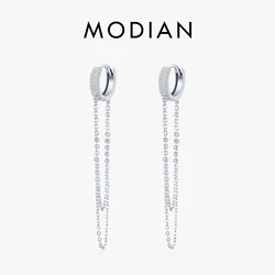 Modian Real 925 Sterling Silver Claer CZ Sparkling Long Tassel Elegant Hoop Earrings For Women Wedding Statement Fine Jewelry