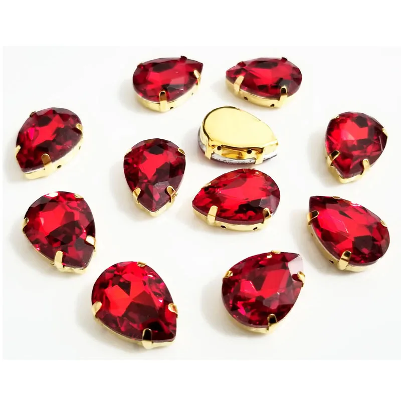 Drop Shape Glass Crystal Sew on Rhinestones, Golden Bottom Red Color Setting Stones, Use for Needlework, Sewing Accessories