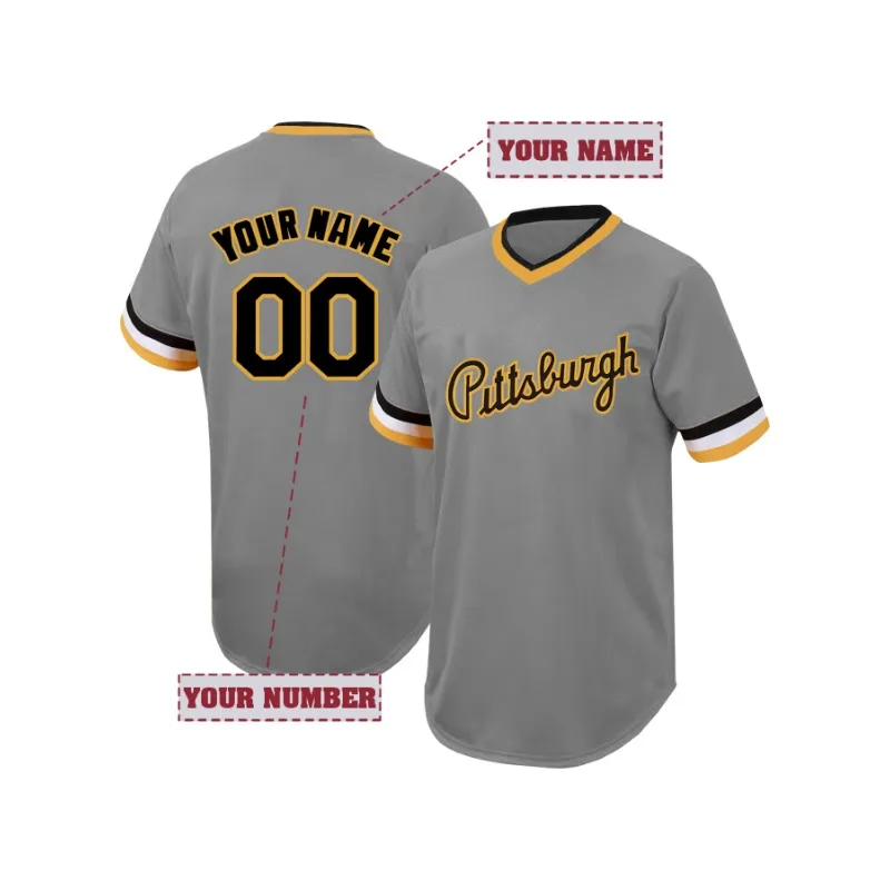 Customized Name And Number Men's Embroidery Baseball Jersey Pittsburgh Grey V-Neck Personalized Short Sleeve T-Shirts