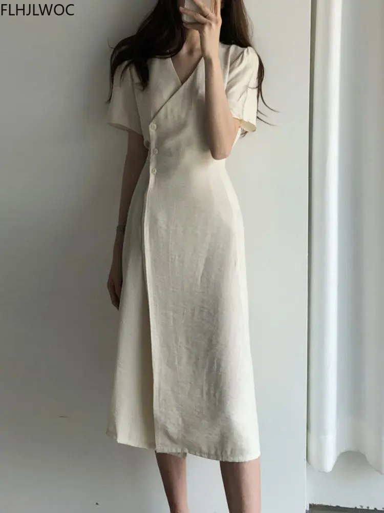 South Korea chic Midi Dress Women Summer Japan Style Retro Vintage Design Solid Button Shirt Dress Cotton Linen Flhjlwoc Vestido
