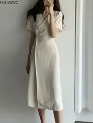 South Korea chic Midi Dress Women Summer Japan Style Retro Vintage Design Solid Button Shirt Dress Cotton Linen Flhjlwoc Vestido