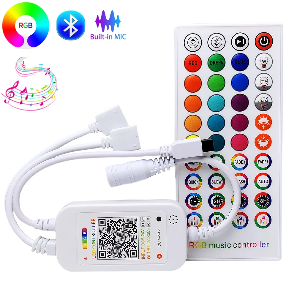 

Bluetooth Music Controller DC5-24V MIC Sound Sensor Timing 40Keys IR Remote Wireless APP Control For 3528 5050 RGB LED Strip