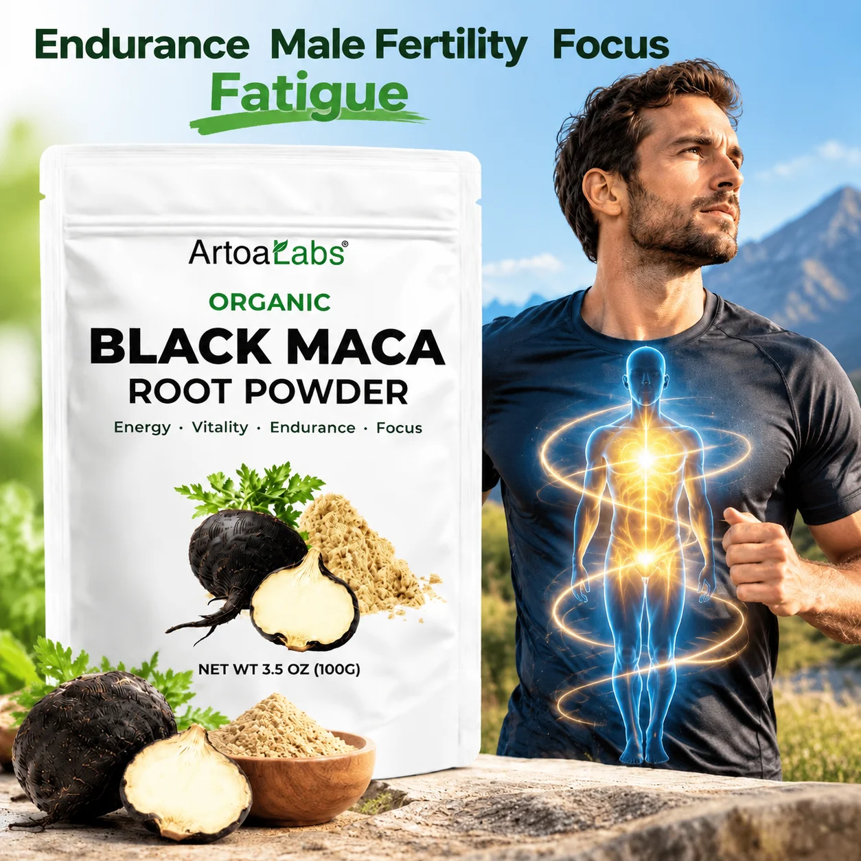 Black Maca Root Powder Maca for Endurance Male Fertility & Focus Fatigue Calcium Iron Potassium 100g 20 Servings Vegan for Men