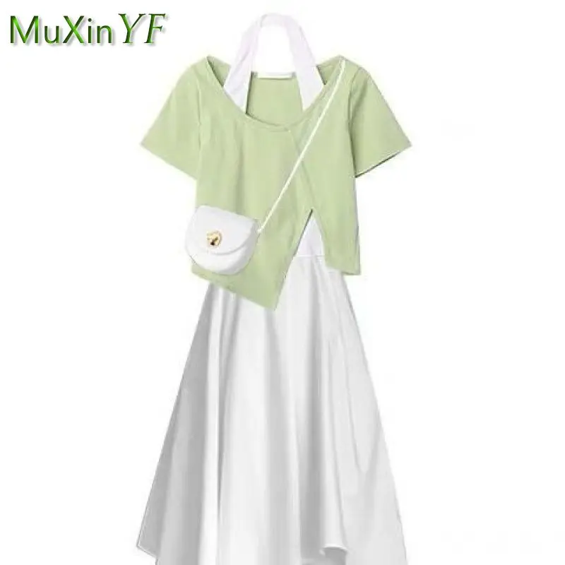 Women's Summer Fashion Irregular Dress Suit 2026 New in Matching Set Korean Elegant Short Sleeve Top+Midi Skirt Two-piece