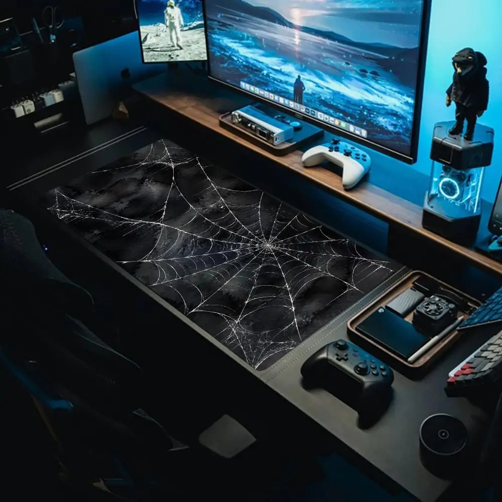 Dark Night Spider Web Large Mouse Pad Dewy Cobweb Moon Forest Scene Gothic Art Desk Mat for Gaming Home Office Desktop
