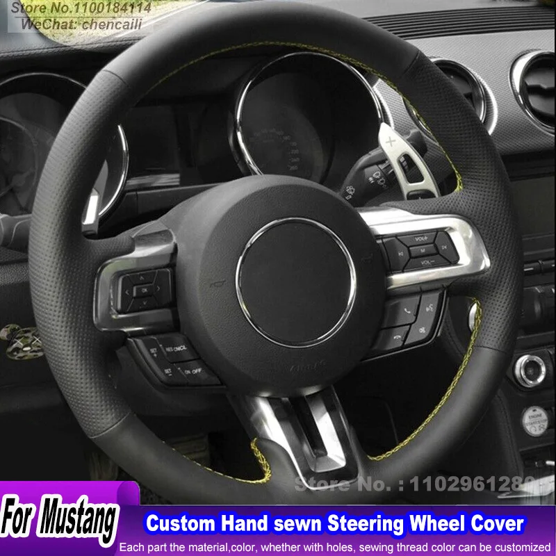 Hand-sewn Non-slip High-quality Black Leather Yellow Thread Car Steering Wheel Cover For Ford Mustang 2015-2022