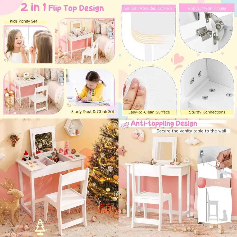 

2-in-1 White Wooden Toddler Vanity Set with Flip Mirror and Storage, Kids Makeup Desk & Chair