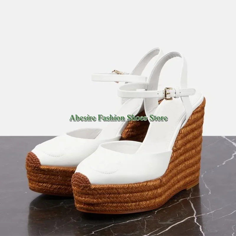 

Espadrille Leather Patchwork Buckle Wedge High Heels Thick Sole Large Size Women's High Heels