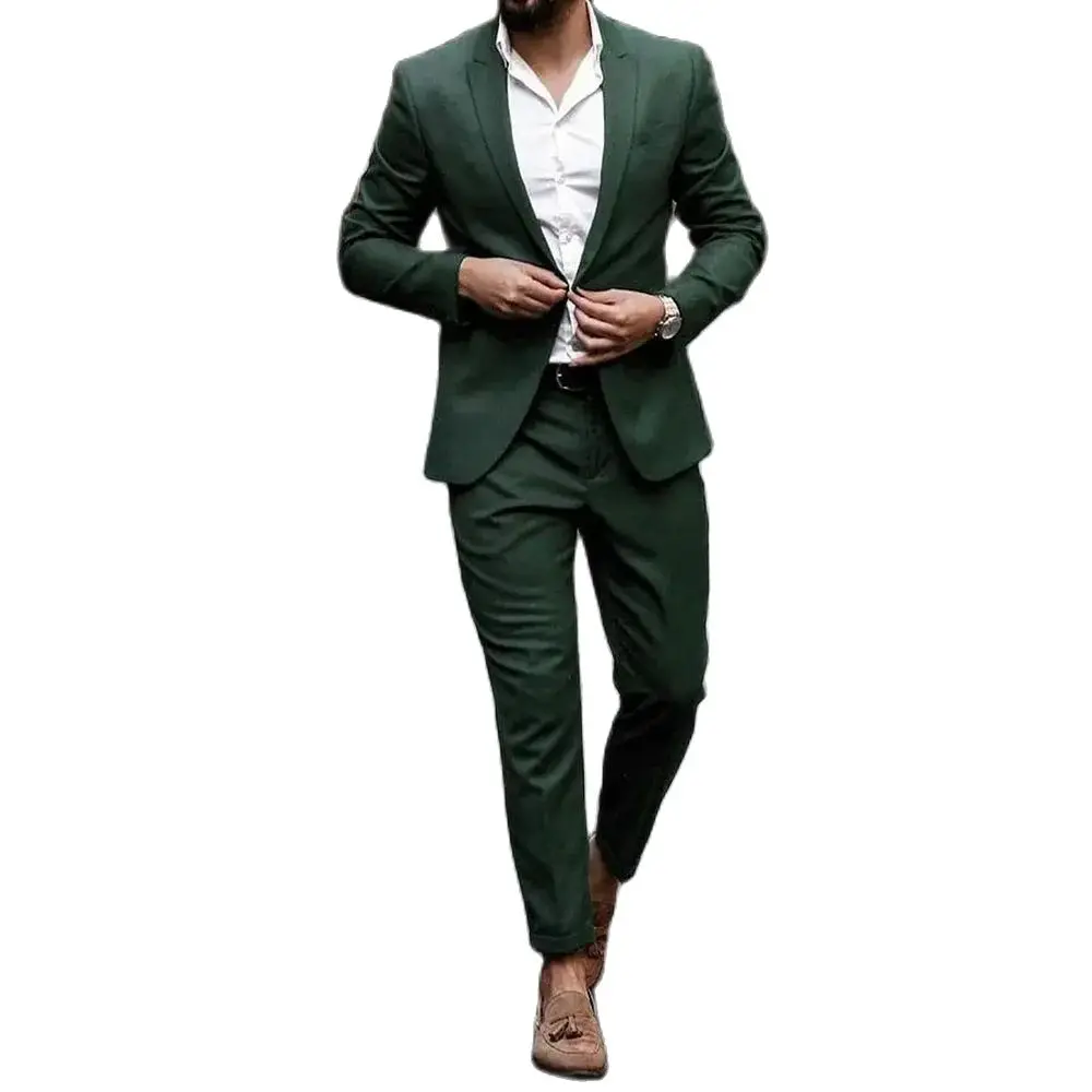 Green Men\'s Suits Single Breasted Peak Lapel Fashion Prom Party Costume Homme Slim Fit 2 Pcs Jacket Pants Handsome Full Set 027A