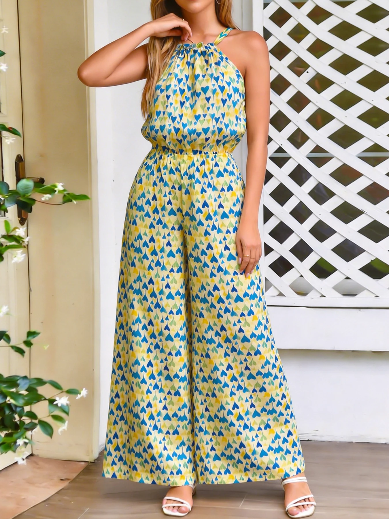 Women's Yellow Blue Green Heart Print Halter Jumpsuit Waist-Tie Wide-Leg Resort view 5